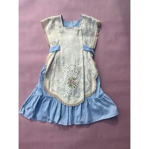 Vintage Embroidered Apron Topped Blue Gingham Kids Dress